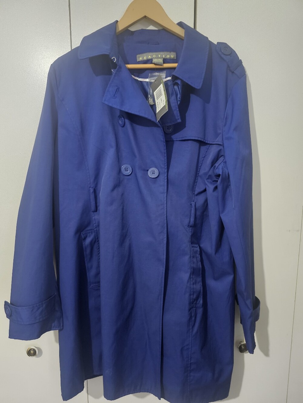 Kenneth Cole Reaction Trenchcoat Womens XXL Blue Double Breasted Belted Midi